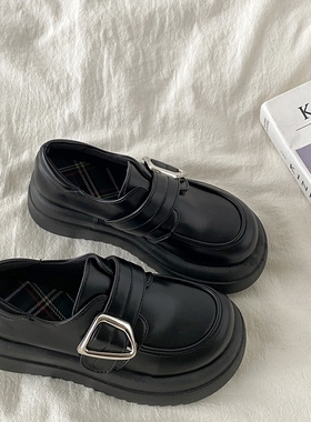 喜叔黑色厚底小皮鞋女款英伦风百搭配裙子大头乐福鞋jk玛丽珍单鞋