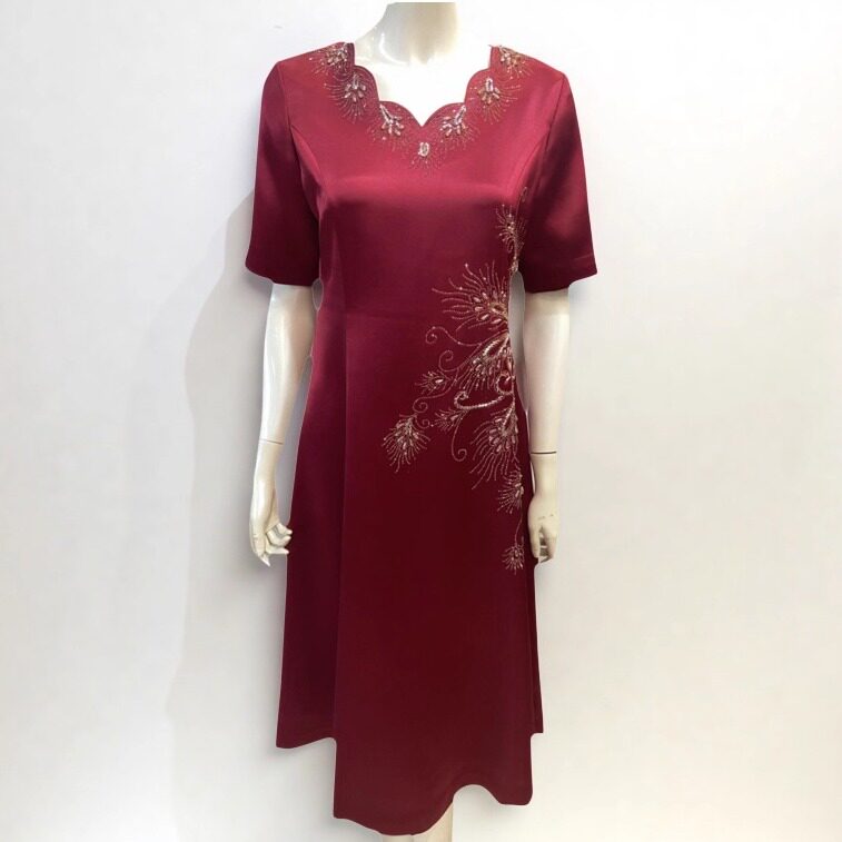 喜妈妈婚礼服醋酸旗袍品牌女夏装婚庆宴会装高贵喜婆婆喜服连衣裙