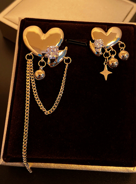 朋克爱心设计感流苏链条耳环个性夸张不对称款ab耳钉2024新款爆款