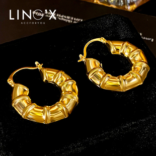 竹节设计高级感金属铜镀18k金耳扣气质个性 欧美时尚 圆形耳环耳钉