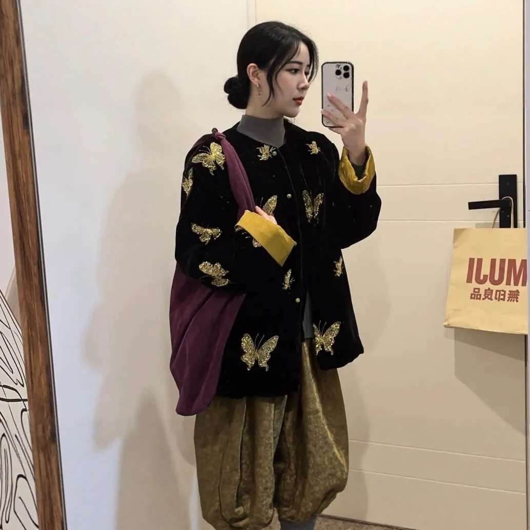 显瘦高级感加厚丝绒刺绣外套上衣