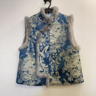 2025秋季新款新中式国风夹棉拼接毛毛边显白高级提花马甲外套上衣