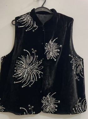 2026新款新中式重工丝绒刺绣马甲女黑色烟花烫钻无袖背心气质百搭