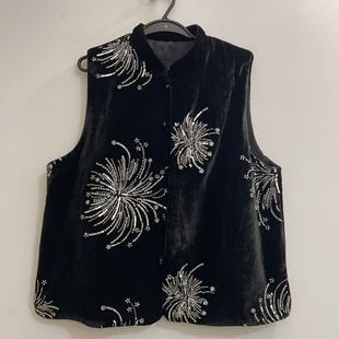 2026新款新中式重工丝绒刺绣马甲女黑色烟花烫钻无袖背心气质百搭