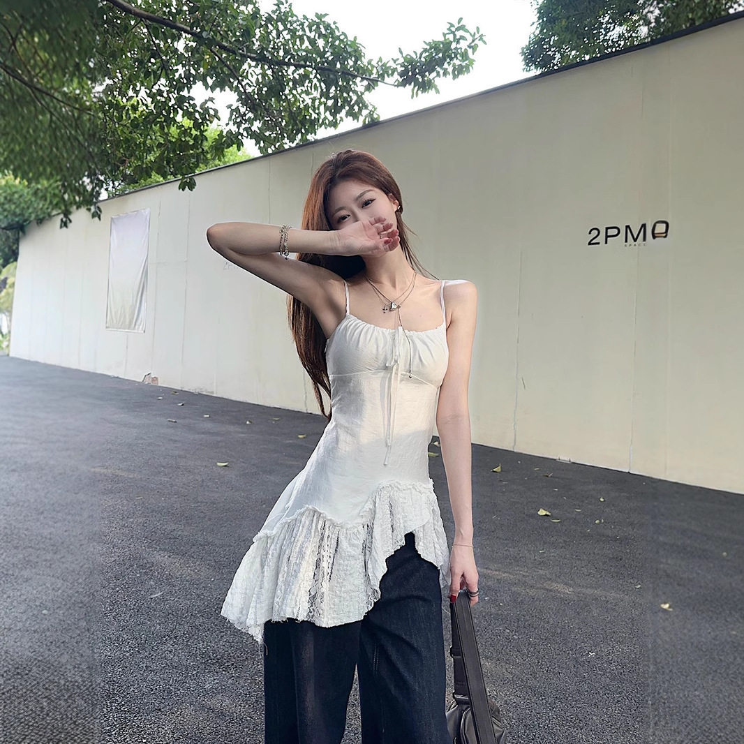 韩版法式气质背心吊带女下摆不规则斜边设计甜美显瘦百搭无袖上衣