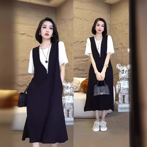 大码女装夏季短袖T恤微胖mm套装显瘦V领中长款马夹裙两件套200斤