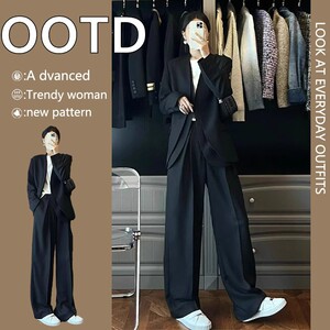 大码女装洋气休闲西装套装胖mm通勤V领小西服阔腿裤两件套200斤秋