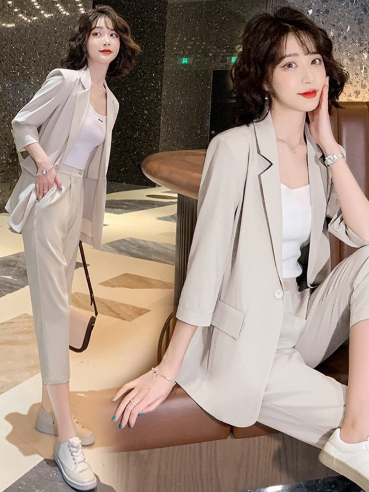 대형 정장 재킷 여성 2024 여름 얇은 패션 정장 지방 MM 비즈니스 정장 작은 다리 바지 투피스 세트