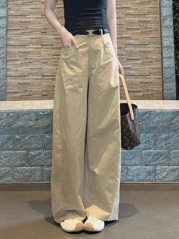 潮牌美式夏季休闲裤宽松覆古显瘦拖地裤子百搭高腰卡其色直筒裤