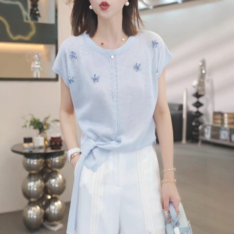 潮牌简约大码重工冰丝针织衫女胖MM短袖t恤新款百搭宽松遮肚上衣