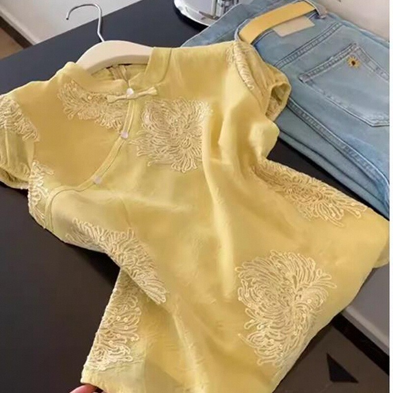 潮牌新中式花朵刺绣短袖衬衫女夏季新款气质宽松显瘦减龄女士上衣
