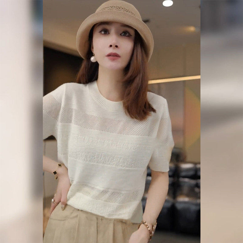 潮牌简约百搭白色薄款冰丝针织衫女高端圆领镂空短袖t恤半袖上衣