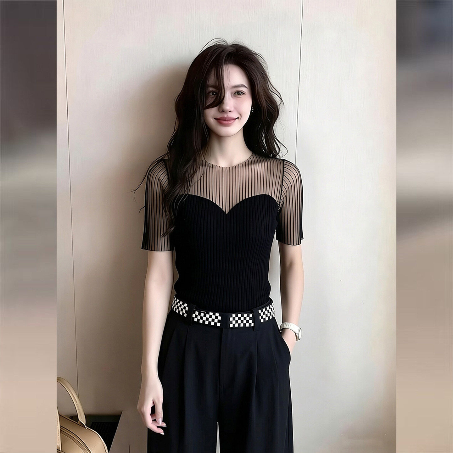 潮牌性感镂空透视黑色短袖针织衫女新款修身显瘦打底衫设计感上衣