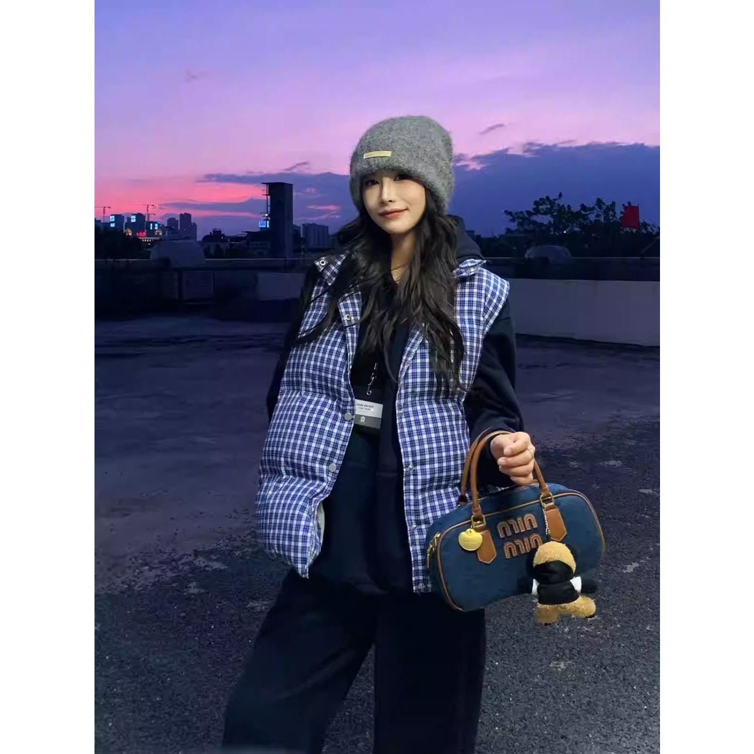 2024新款Jennie同款蓝色格子马甲女立领格纹棉服背心夹克外套秋冬