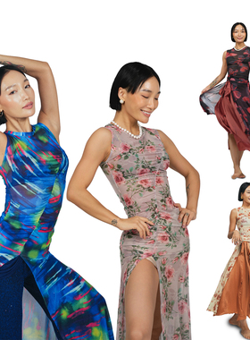 王润原创SOHANA25夏网纱侧开叉碎花蝴蝶舞蹈外穿新中式长裙连衣裙