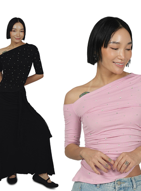 王润原创SOHANA25夏季斜肩中袖闪闪贴钻裸感辣妹修身纯欲T恤