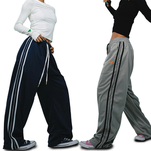 王润SOHANA2024春夏新款复古回潮条纹撞色百搭休闲运动阔腿长裤