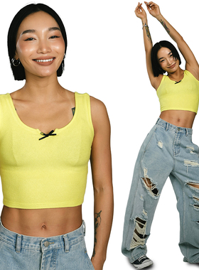 王润SOHANA2024夏季蝴蝶结美式辣妹小绒毛显瘦短款露脐背心