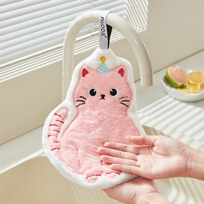 可爱小猫擦手巾挂式卫生间厨房吸水不掉毛加厚洗手毛巾家用抹布