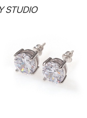 欧美潮牌经典款圆形莫桑石嘻哈耳钉男银针925个性高品质镶钻耳环