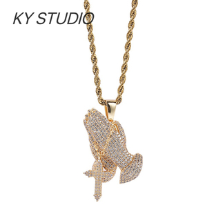 KY STUDIO欧美嘻哈潮牌满钻祈祷之手吊坠项链男女个性百搭毛衣链