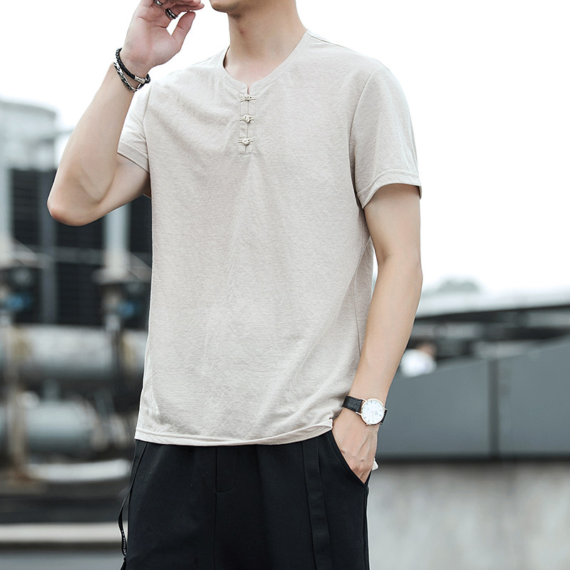 SUMMER CHINESE STYLE LINEN SHORT SLEEVE T-SHIRT RETRO TREND YOUTH HALF-SLEEVED BASE DRESS TIDE MENS COTTON AND LINEN SHIRT