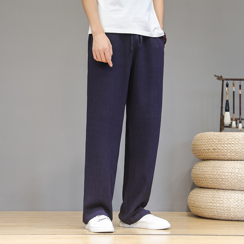 여름 얇은 린넨 바지 남성 중국 스타일의 느슨한 드레이프 코튼과 린넨 통기성 스트레이트 캐주얼 바지 복고풍 바지