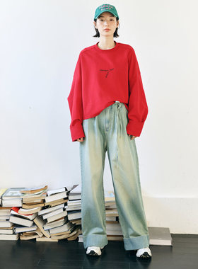 鹿与飞鸟[26°晴]“浅海沙滩”重工蓝绿色连腰系带牛仔裤5783