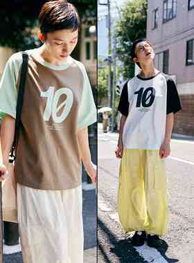 鹿与飞鸟[DearFriend]“Luky10”双色字母美式撞色插肩袖T恤6046