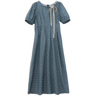 鹿与飞鸟[夏日永不停歇]“晨雾花园”氛围感灰蓝碎花连衣裙5982