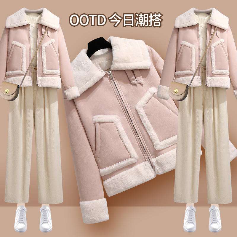 鹿皮绒外套女短款秋冬季新款小个子小香风皮毛一体羊羔绒加厚