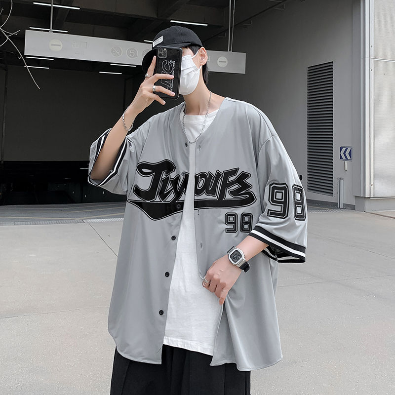 U.S. baseball game Jacket Large edition retro collarless loose half sleeve hip hop short sleeve shirt T-shirt