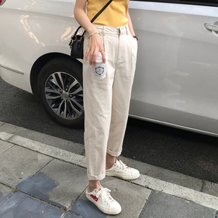 夏季高腰宽松牛仔休闲阔腿工装bf风直筒西装哈伦裤女九分萝卜裤子