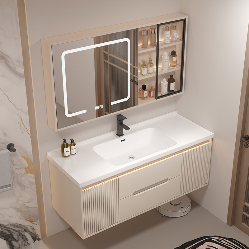 奶油风浴室柜组合陶瓷一体盆智能洗手洗脸盆柜组合智能洗漱台实木,家装主材,浴室柜组合,淘宝优惠券,粉丝福利购,淘宝优惠卷