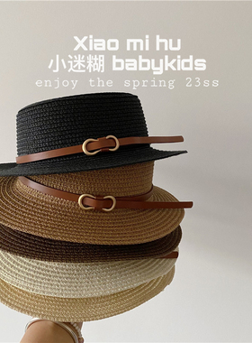 亲子款法式平顶草帽儿童夏天草编平檐礼帽宝宝出游防晒遮阳帽百搭