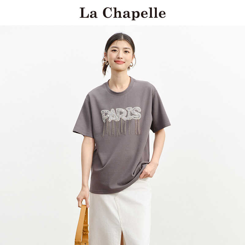 拉夏贝尔/La Chapelle字母百搭流苏圆领上衣宽松中长款短袖T恤女