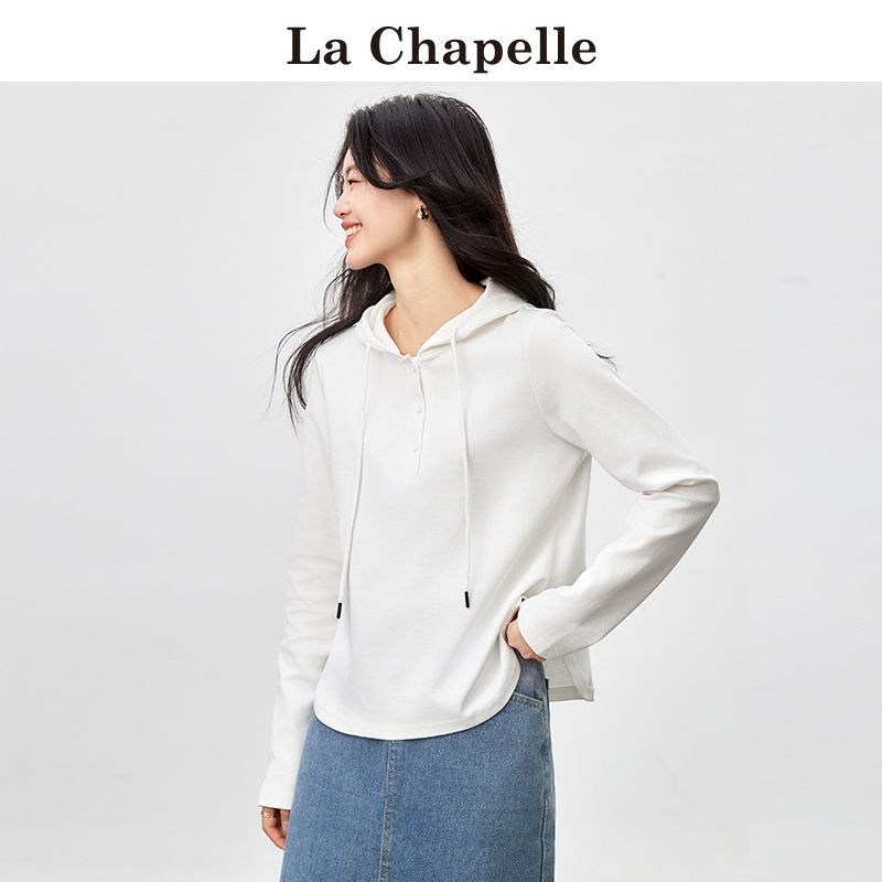 拉夏贝尔/La Chapelle白色连帽卫衣女春秋新款宽松休闲长袖上衣