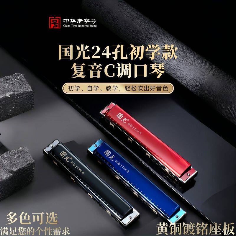 开学礼物国光口琴24孔初学入门级带音阶复音重音C调学生初学专用