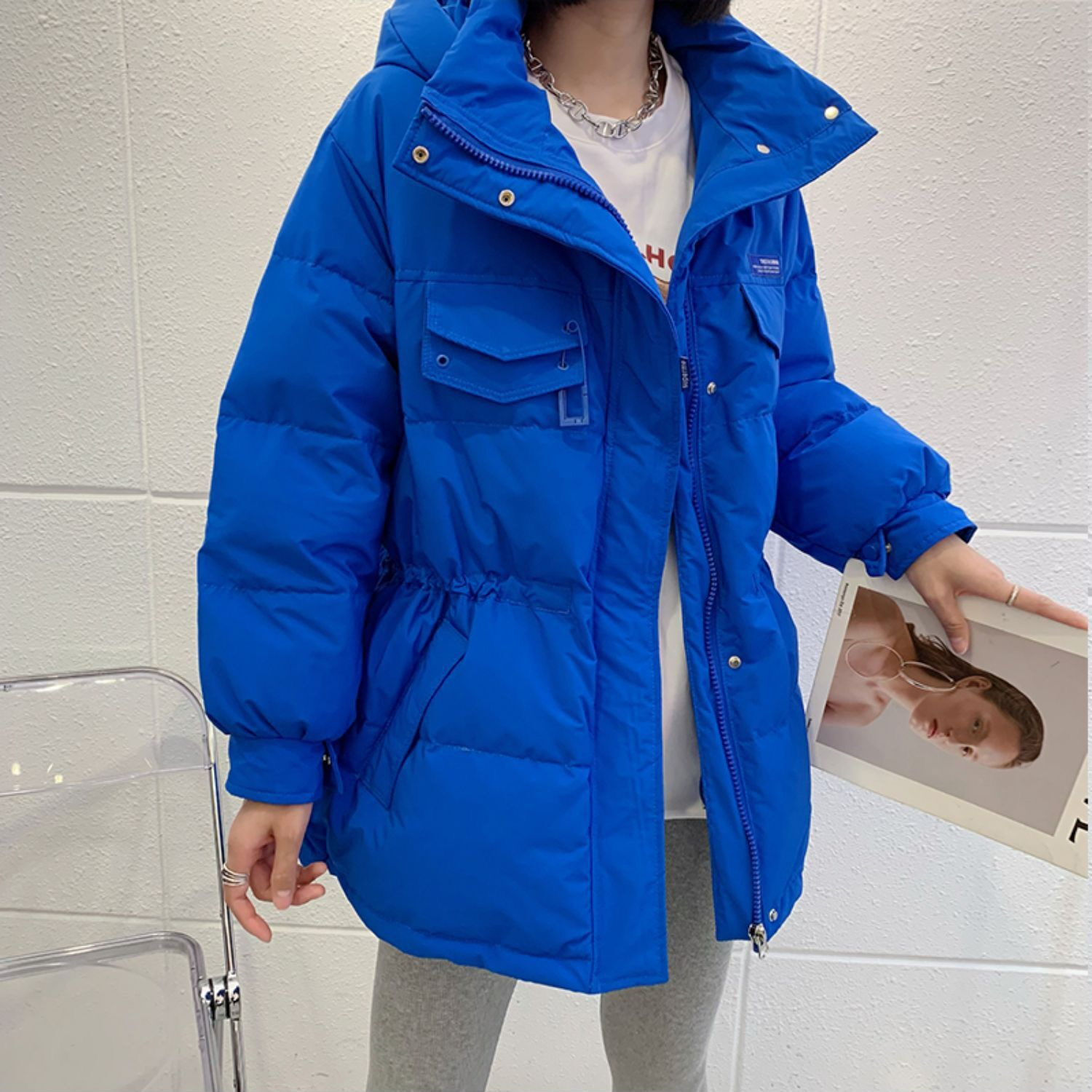 白鸭绒羽绒服女中长款外套冬2021年新欧货宽松时尚洋气连帽面包服