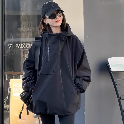 欧货连帽冲锋衣外套女中长款