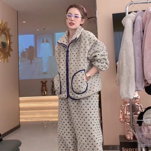 加绒加厚家居服套装睡衣女冬季
