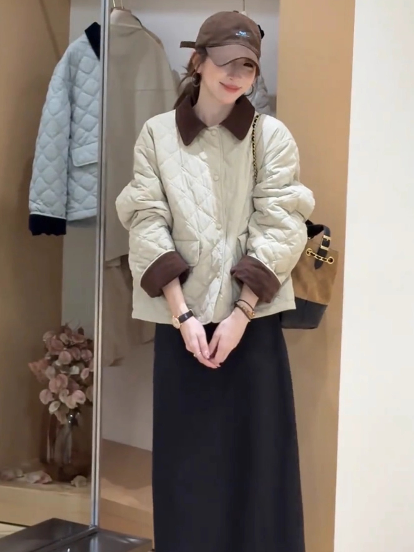 夹棉加厚外套女短款上衣秋冬新款2025韩系宽松简约小个子菱格棉服