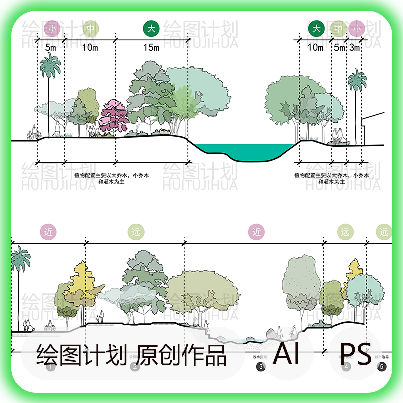 景观剖面分析图psd素材滨水公园截面植物配置可爱手绘ai人物树