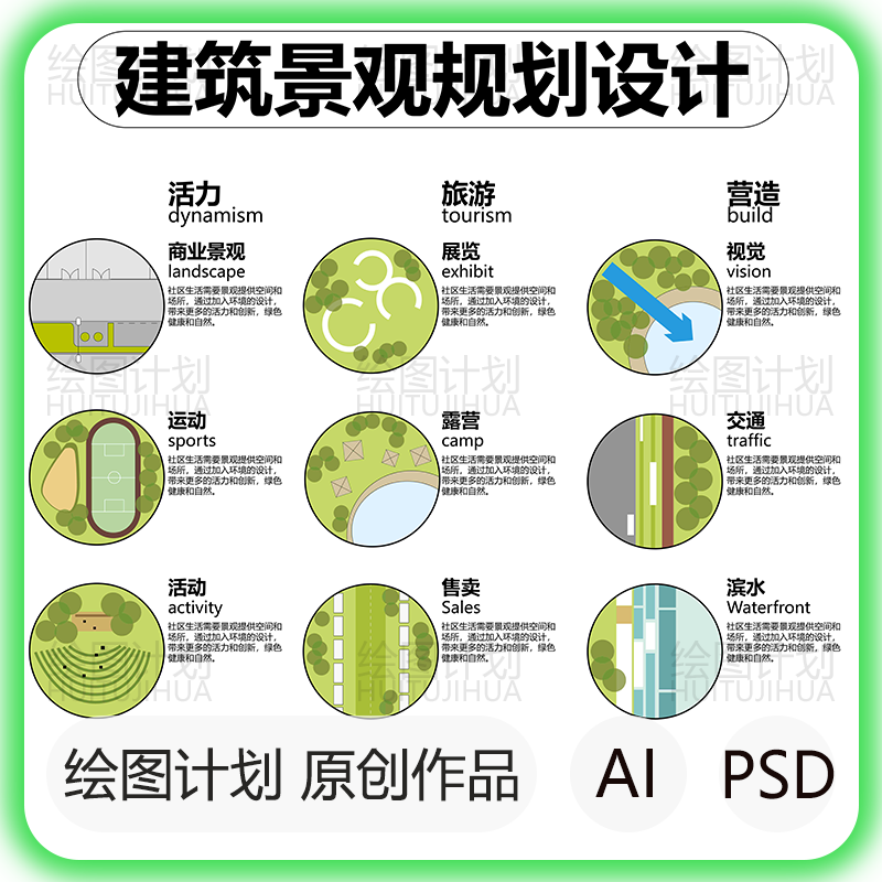 建筑景观规划设计理念分析图ps展板前期人群活动策略空间模块数据