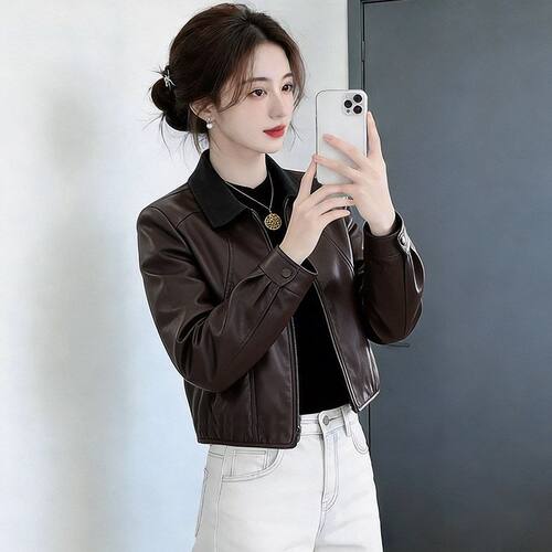 翻领百搭时尚皮衣外套女