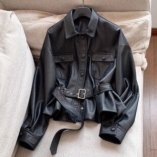 美拉德皮衣女2025新款 皮夹克收腰外套机车风上衣 春秋翻领显瘦短款