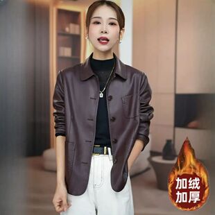 翻领宽松休闲百搭皮夹克 时尚 海宁皮衣外套女2025冬季 加绒加厚新款