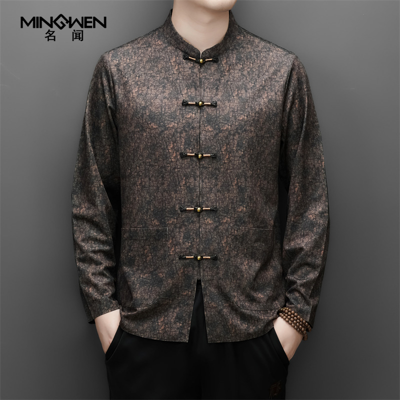 中国风龟纹印花立领唐装衬衫