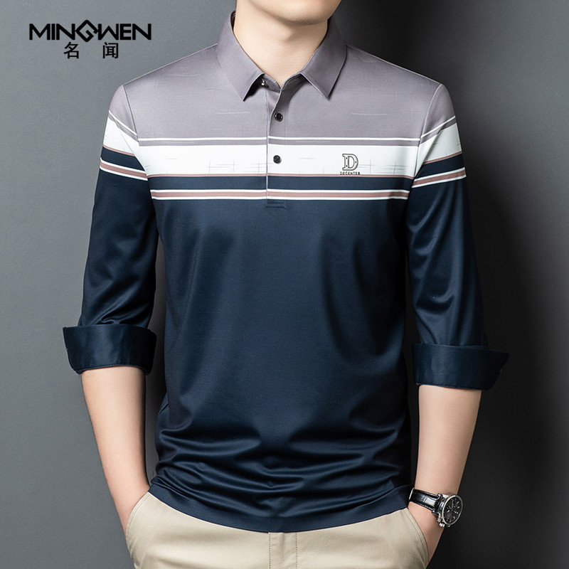 冰丝长袖t恤男装薄款时尚高级感印花条纹印花宽松休闲翻领polo衫