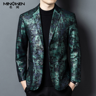 绵羊皮西装男韩版修身时尚潮高级感痞帅印花真皮皮衣休闲西服外套